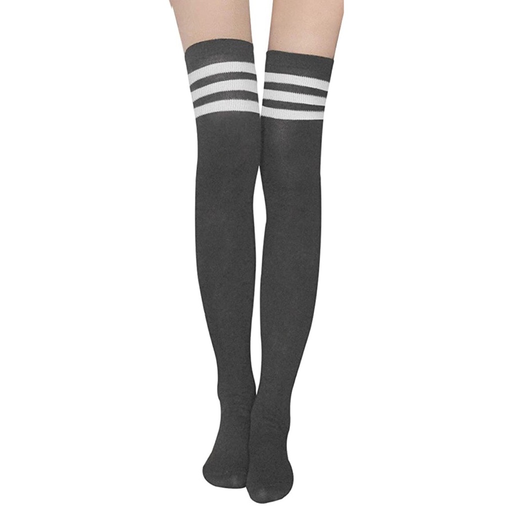 Charcoal White Stripe Over the Knee Thigh High Socks